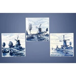 3 Vintage Delft Blue Tiles Windmills Canals Boats 6 In Nautical Holland Dutch